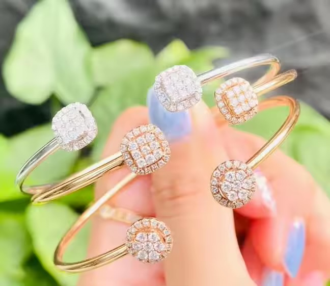 Women Trendy Cluster Diamonds Setting Opening Tube Bangle In Square And Round Cube 18K Gold