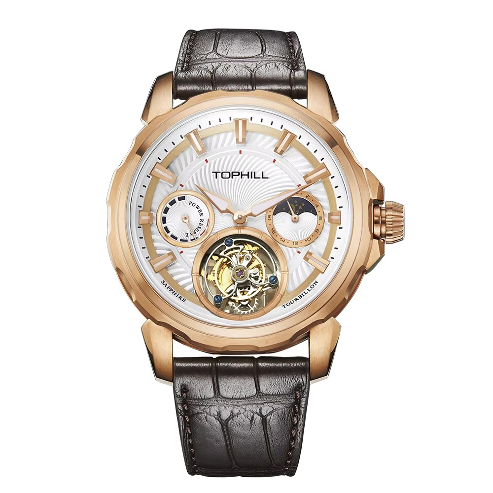 Original Design Luxury 50m Waterproof Automatic Tourbillon Movement Watch With Genuine Alligator Leather