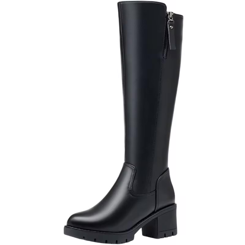 Winter Thermal Fur Boots Female Chunky High Heel Midi Genuine Leather Wool Boots For Women