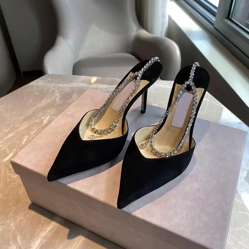 Hot Sale Rhinestones Satin Pumps Women Elegant Pointed toe High heels Lady Mules Summer Fashion Party Prom Shoes Designer