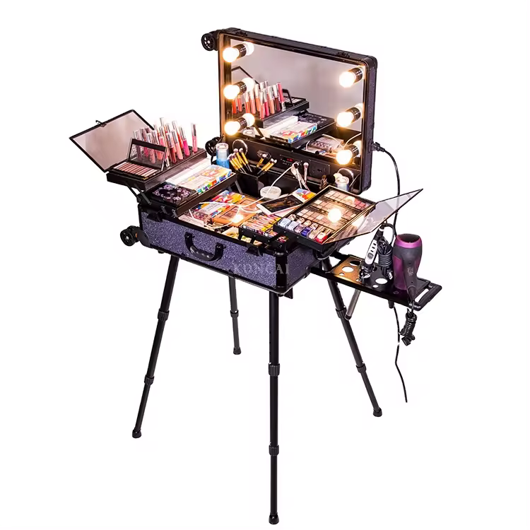 high quality makeup travel rolling carry case cosmetic beauty trolley suitcase with lights makeup table station