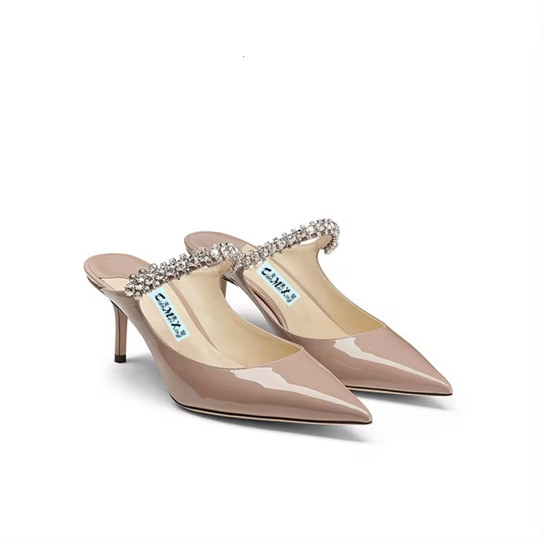 Brand Fashion High Heels Women Slippers Pointed Toe Metal Luxury Diamonds High Heels Shoes For Women Elegant Style