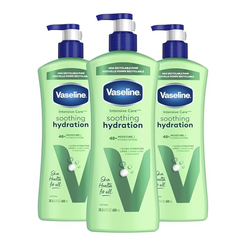 Vaseline Intensive Care Body Lotion for Dry Skin Soothing Hydration Lotion Made with Ultra-Hydrating Lipids + 1% Aloe Vera Extract to Refresh Dehydrated Skin 20.3 oz, Pack of 3 (packaging May Vary)
