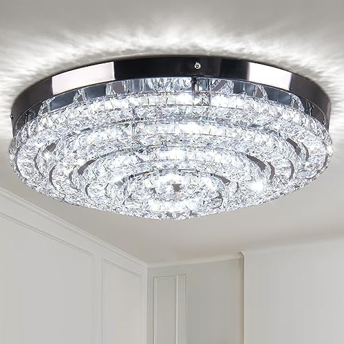 17.7" K9 Crystal Chandeliers LED Modern Chandelier 4 Round Stainless Steel Ceiling Light Fixture for Dining Room Bedroom Living Room (Cool White 6000K)
