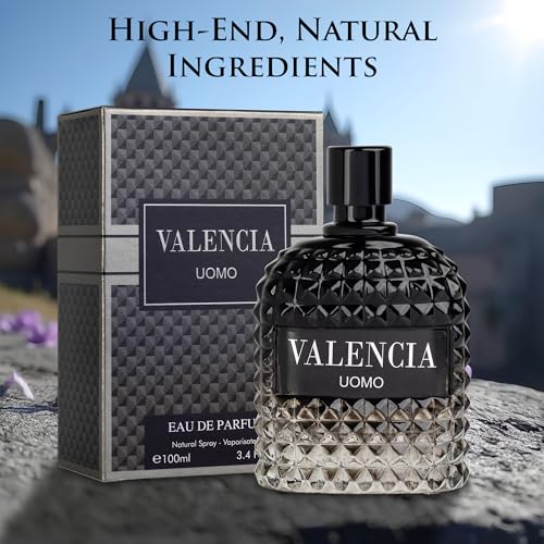 Valencia UOMO for Men Eau De Parfum - Woody Aromatic Fragrance - Floral Twist Blended with a Cool Facet of Mineral Notes & Salt - Edgy yet Masculine Scent - Cologne or Everyday Use - 100ml Bottle